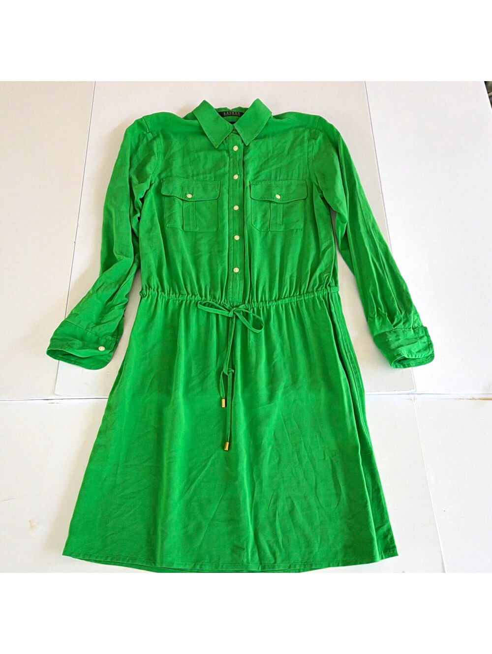 Lauren Ralph Lauren Green Shirt Dress Womens 4 Collared Button Front Pockets